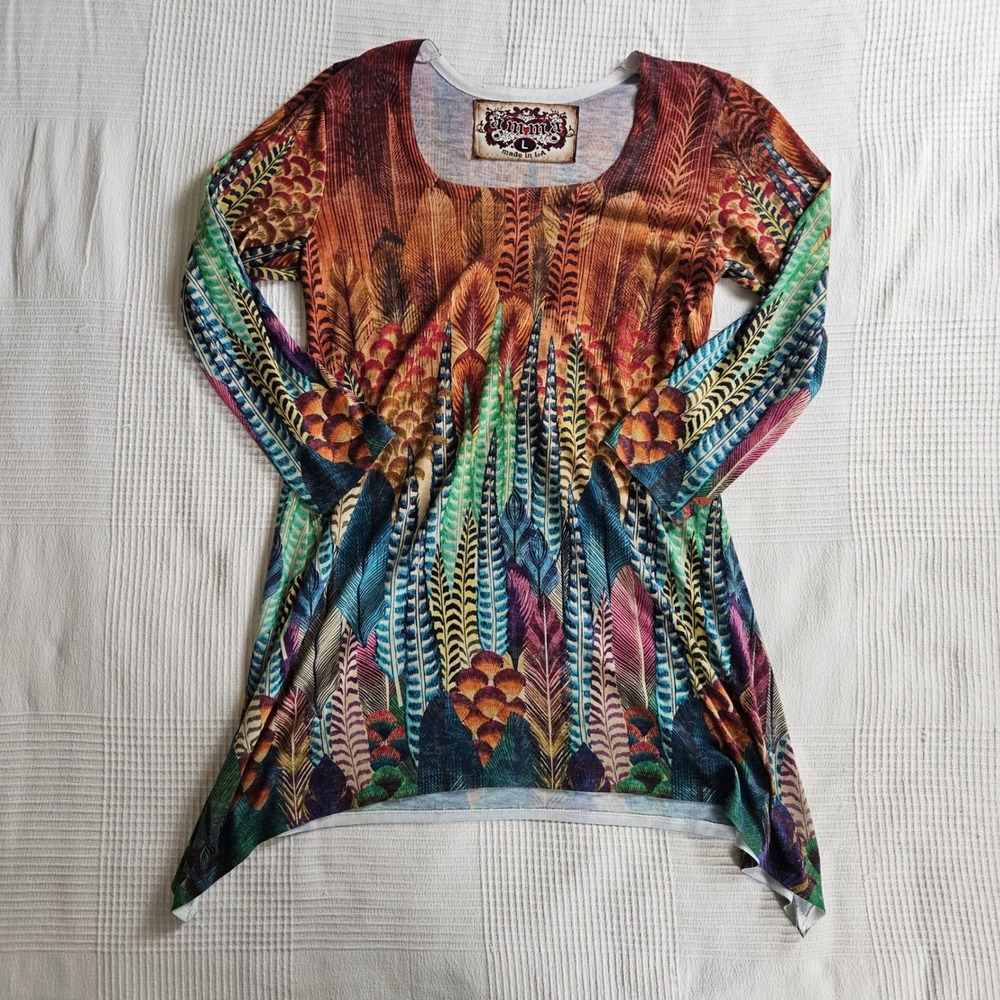 Amma Made in LA Feather Print Art to Wear Tunic Top Colorful Psychedelic Woman L